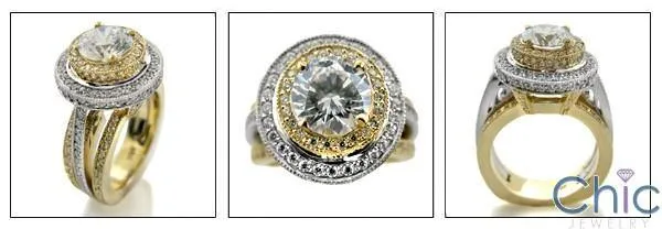 1.5 Carat Round Cubic Zirconia Two Tone Gold Micro Pave Euro Shank Engagement Ring