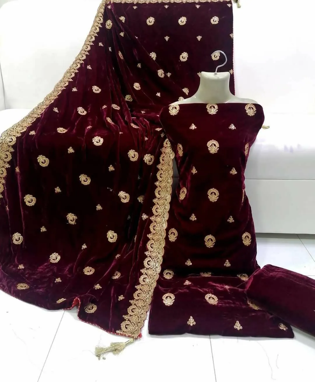 3 PC Unstitched Velvet Shirt, Dupatta And Trouser