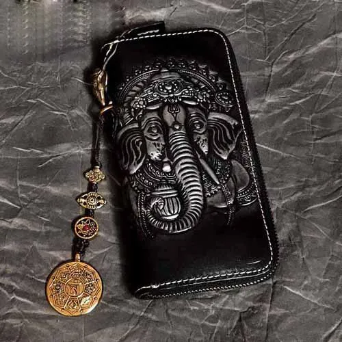 Badass Black Leather Men's Long Biker Handmade Wallet Ganesha Tooled Zipper Chain Long Wallets For Men