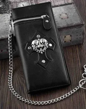 Badass Black Leather Men's Skull Long Biker Wallet Bifold Black Chain Long Wallets For Men