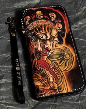 Badass Handmade Black Leather Men's Biker Long Wallet Mahākāla Tooled Zipper Long Chain Wallets For Men