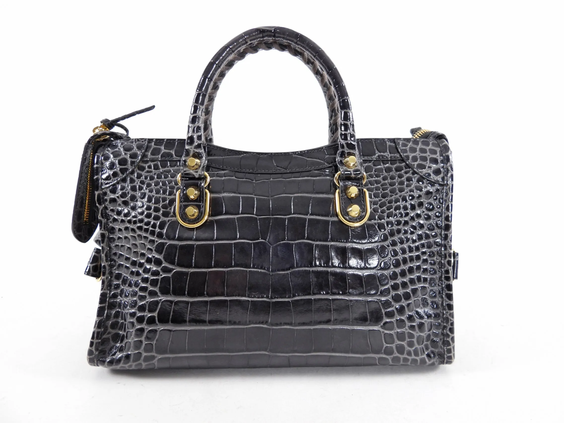 Balenciaga Dark Grey Croc Embossed Small Metallic Edge City Bag