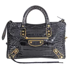 Balenciaga Dark Grey Croc Embossed Small Metallic Edge City Bag