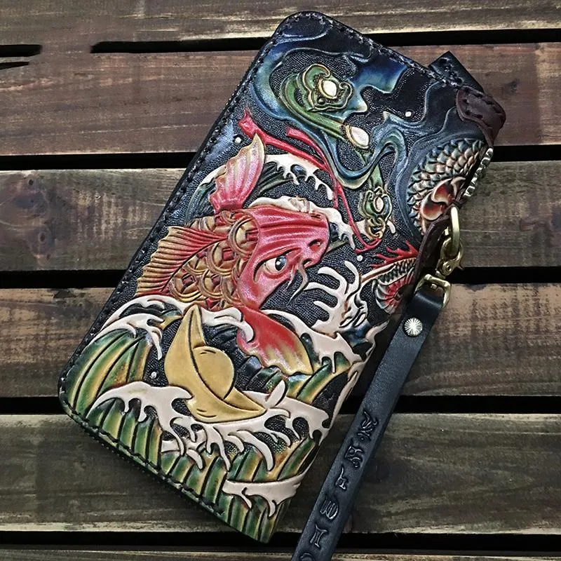 Black Handmade Tooled Chinese Dragon Leather Long Biker Wallet Chain Wallet Clutch Wallet For Men