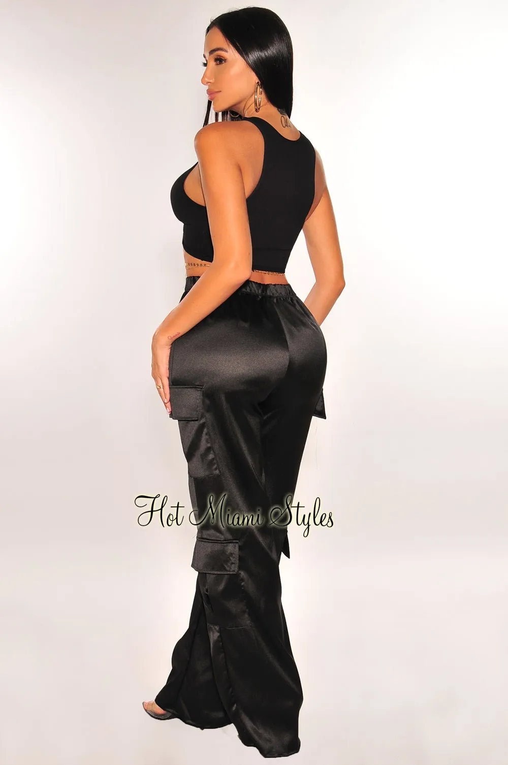 Black Satin High Waist Wide Leg Cargo Pants