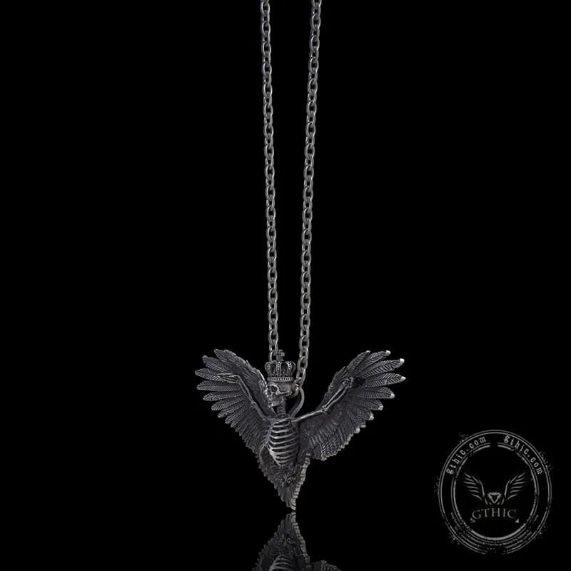 Crowned Skeleton Wings Sterling Silver Pendant