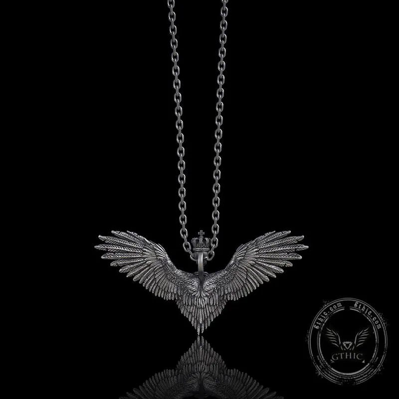 Crowned Skeleton Wings Sterling Silver Pendant