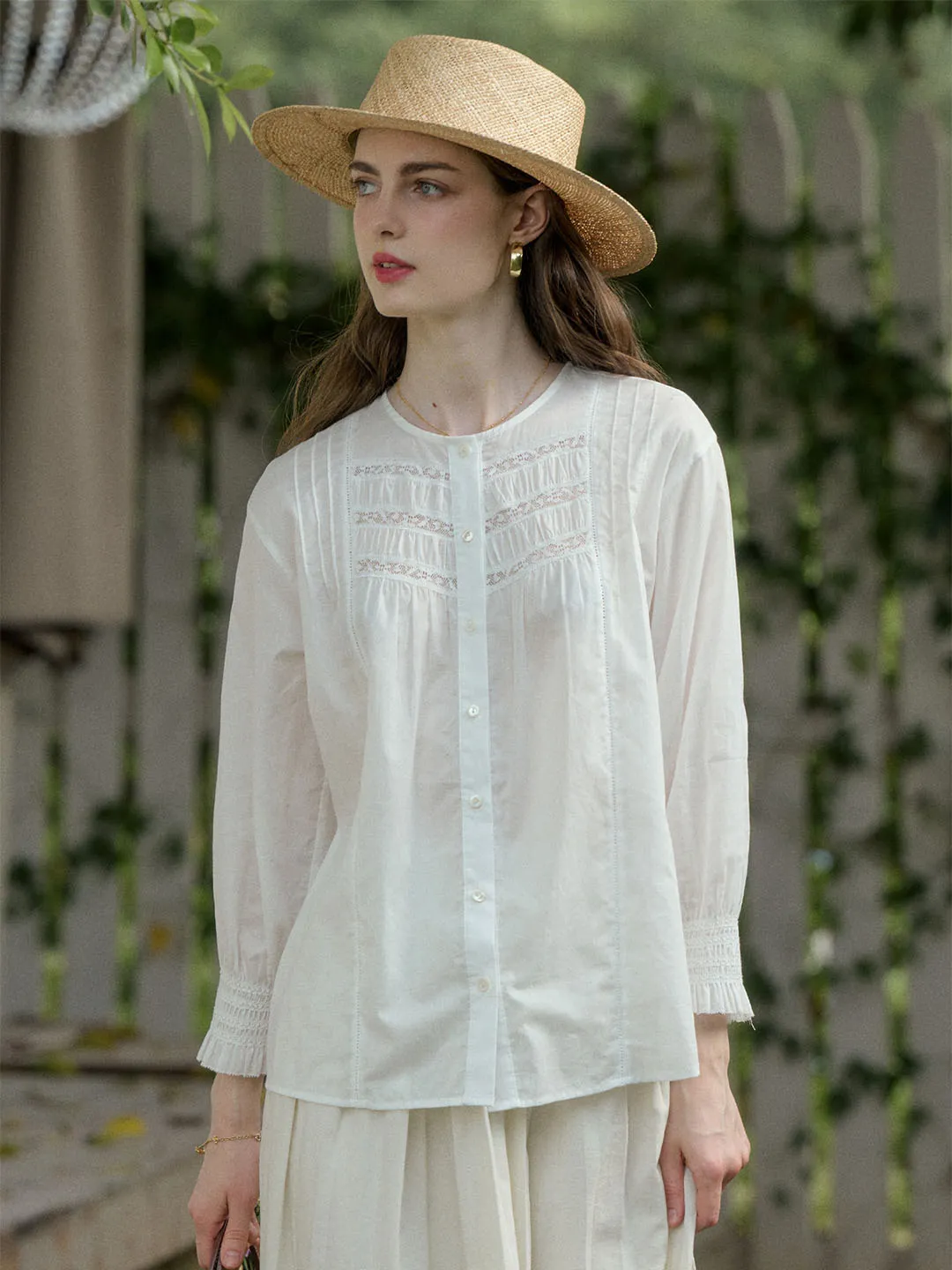 【Final Sale】Adeline Classic Crew Neck Lace Patchwork Cotton Blouse