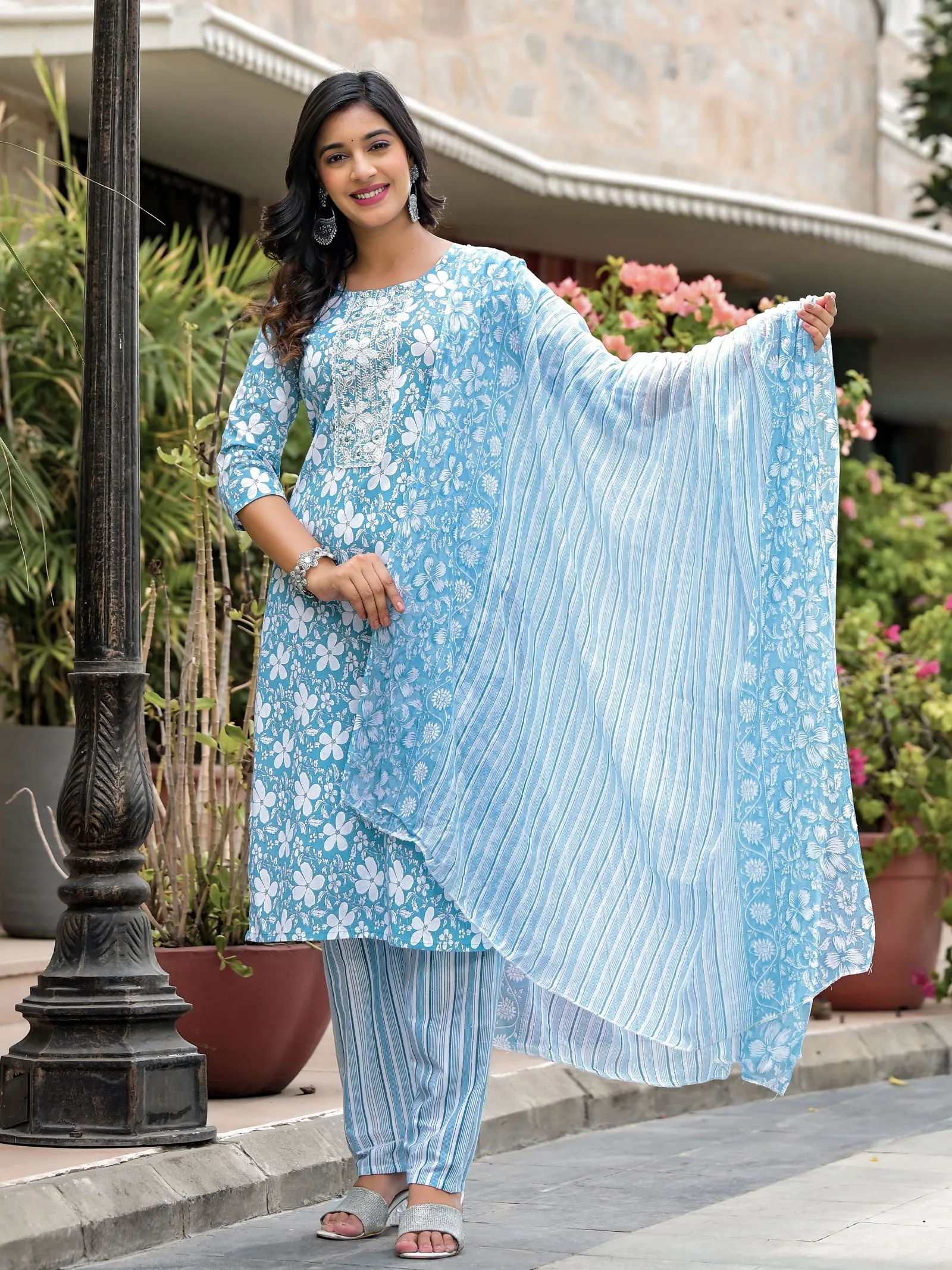 Juniper Blue Floral Printed Cotton Kurta, Pant And Dupatta Set With Thread & Mirror Work