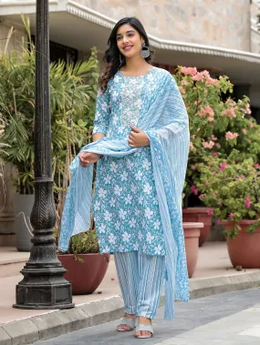 Juniper Blue Floral Printed Cotton Kurta, Pant And Dupatta Set With Thread & Mirror Work