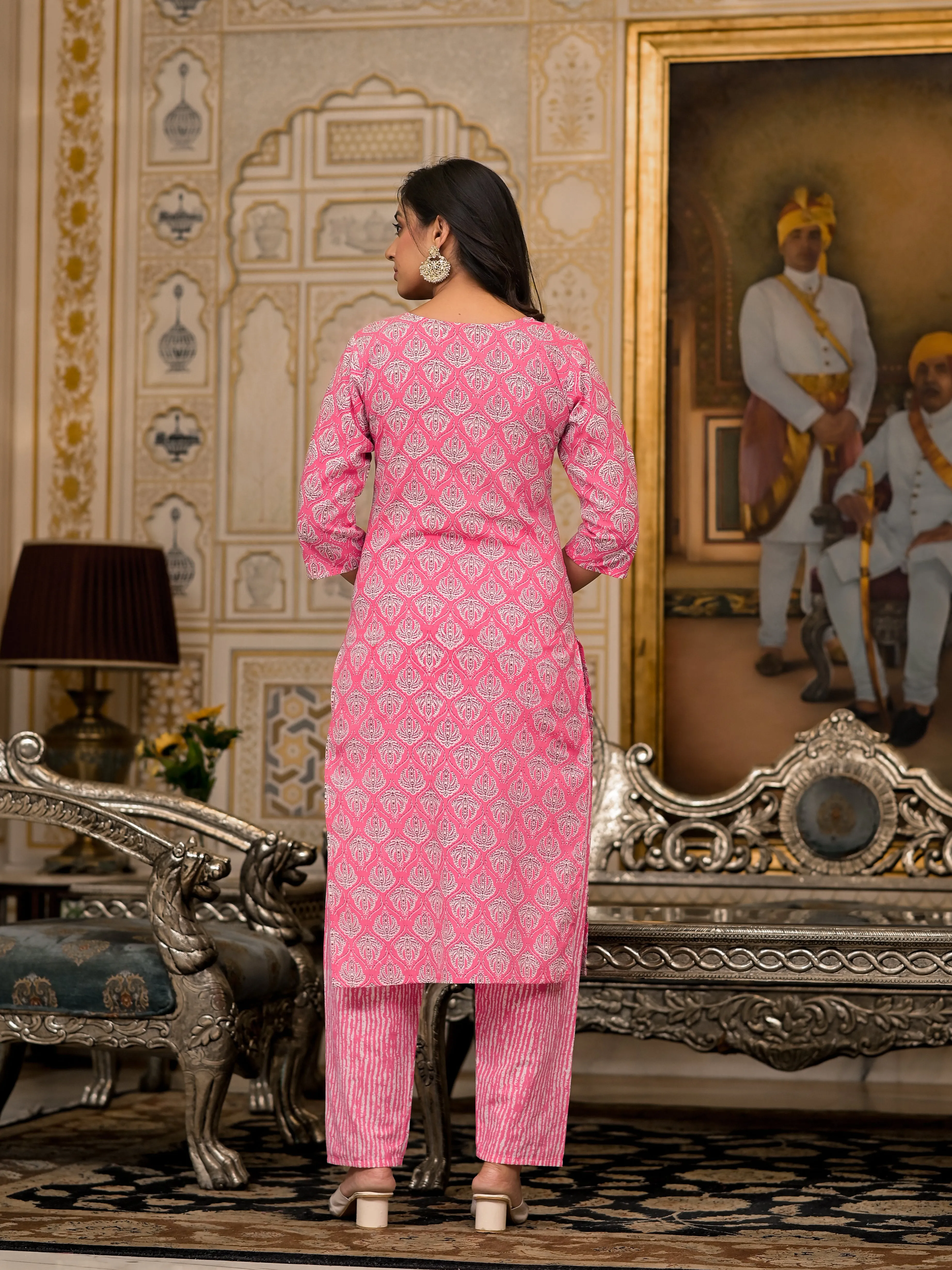 Juniper Pink Ethnic Motif Printed Cotton Kurta, Pant And Dupatta Set  With Thread And Mirror Work