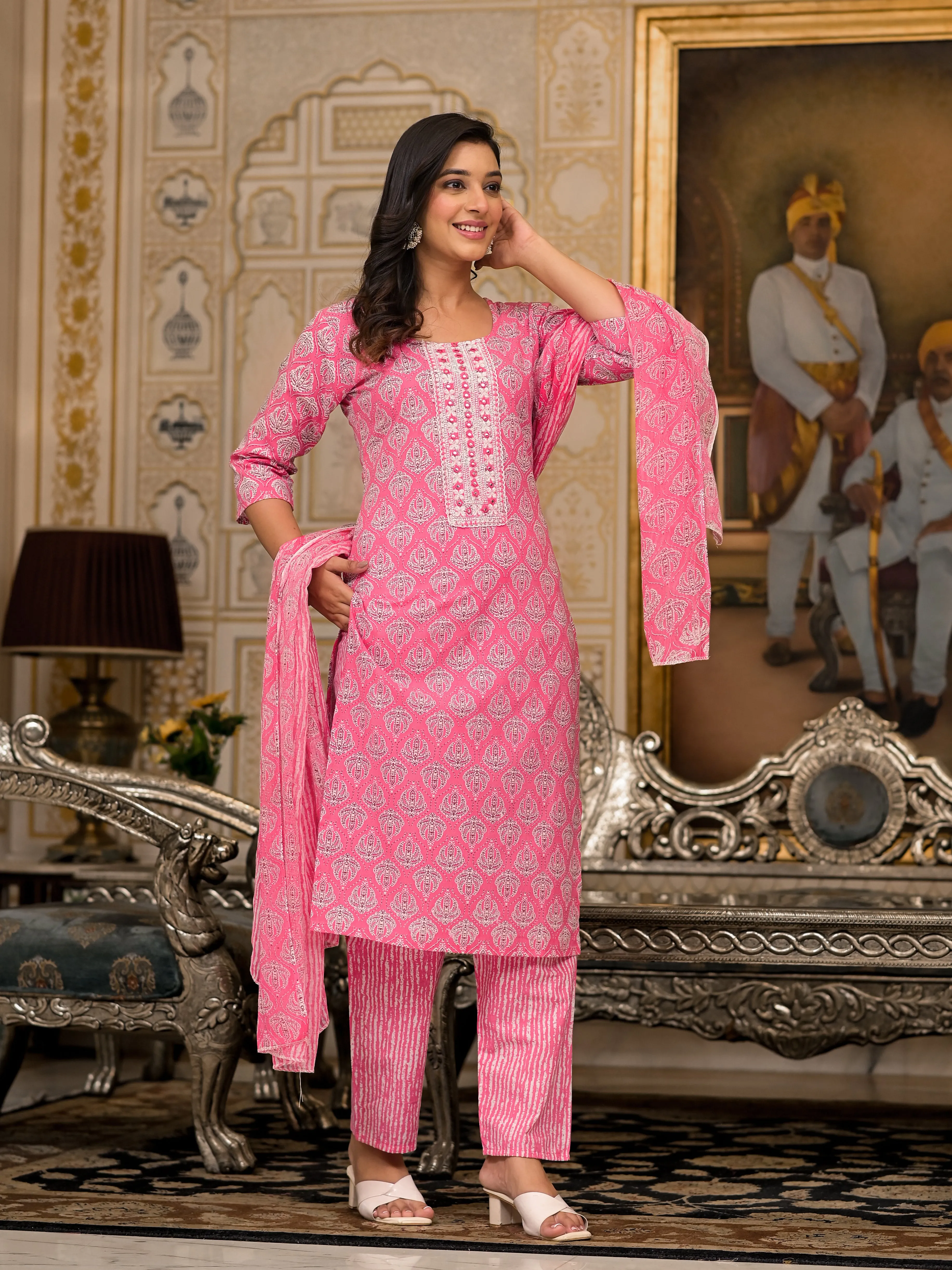 Juniper Pink Ethnic Motif Printed Cotton Kurta, Pant And Dupatta Set  With Thread And Mirror Work