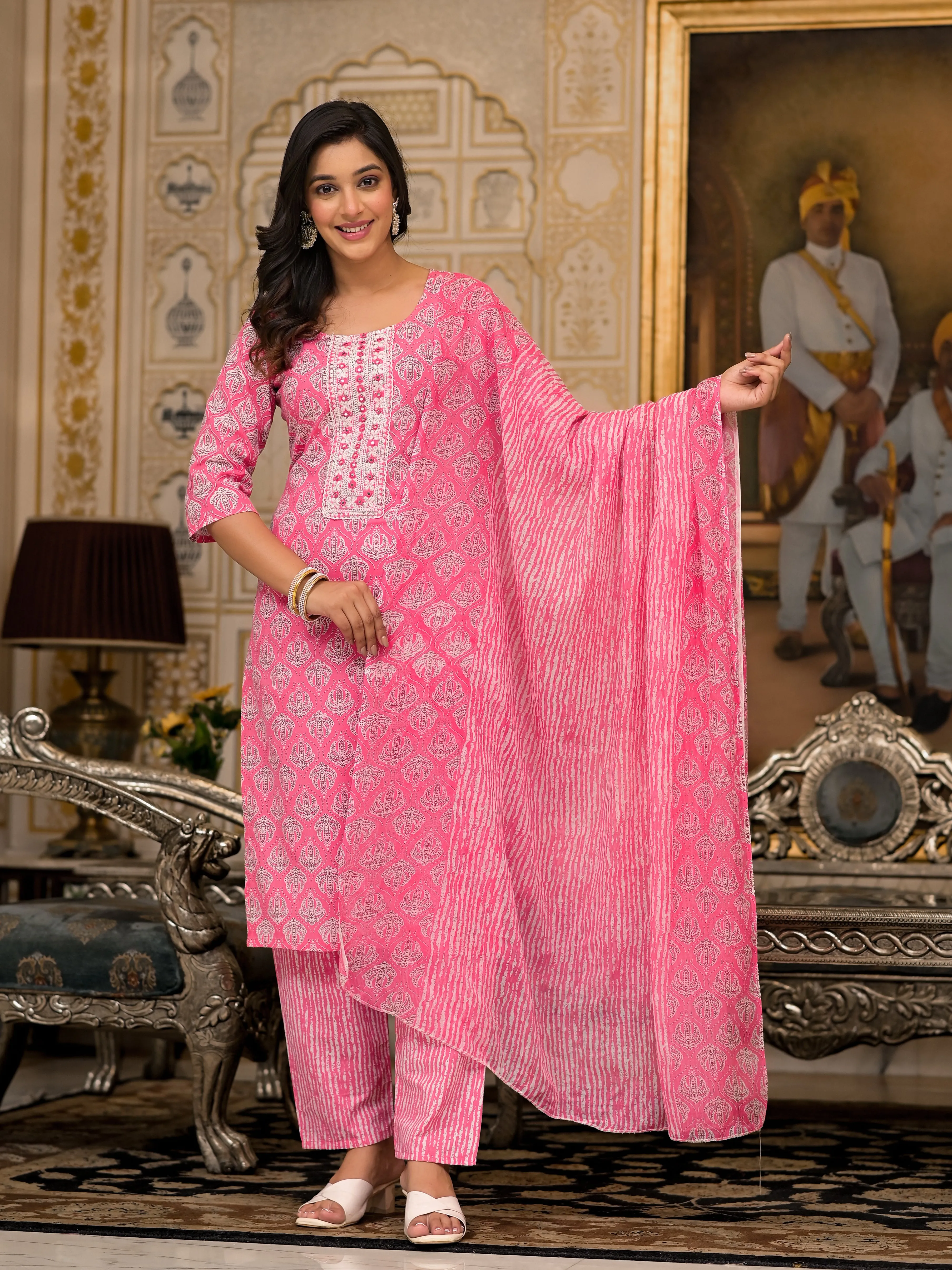 Juniper Pink Ethnic Motif Printed Cotton Kurta, Pant And Dupatta Set  With Thread And Mirror Work