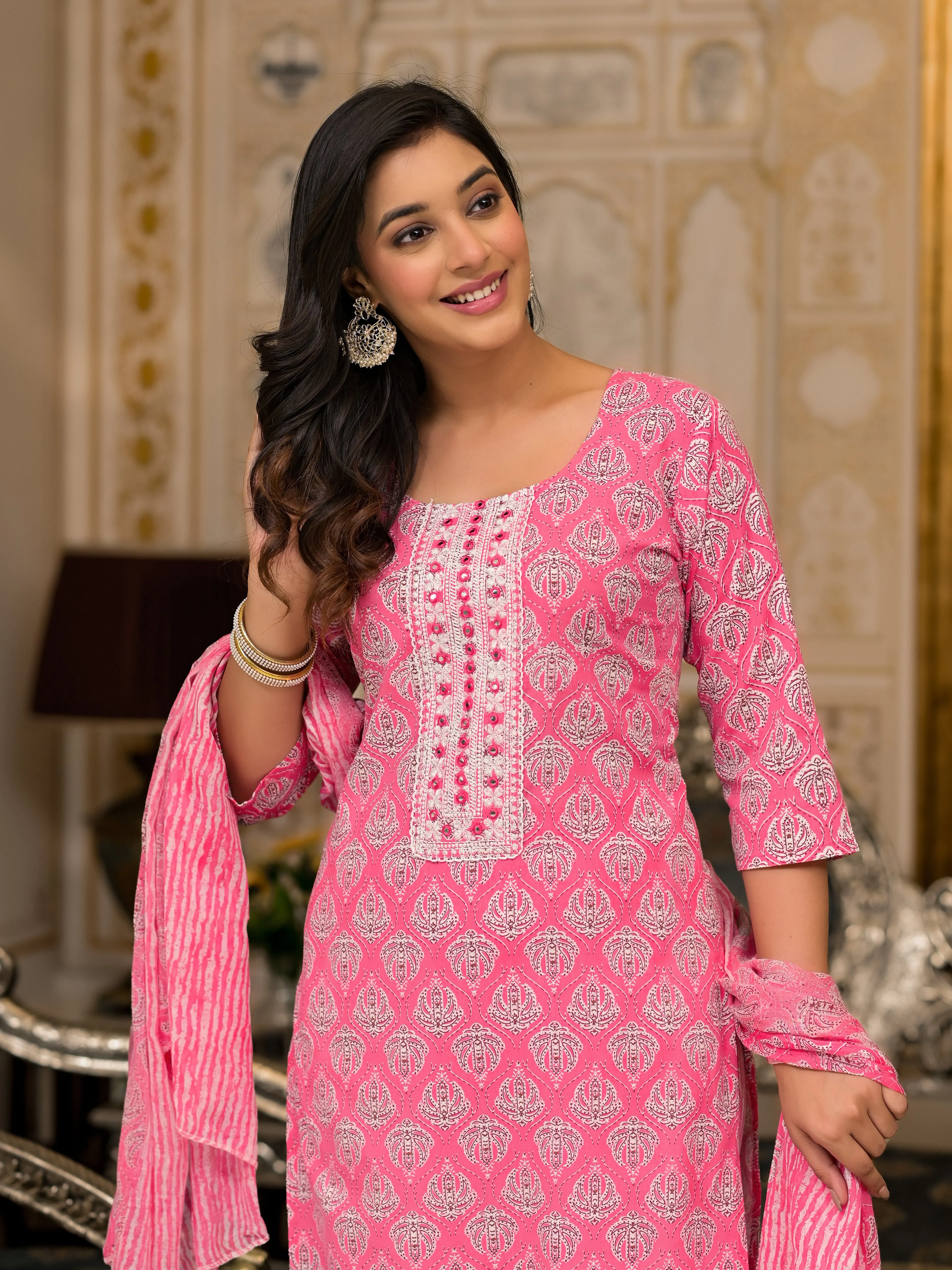 Juniper Pink Ethnic Motif Printed Cotton Kurta, Pant And Dupatta Set  With Thread And Mirror Work