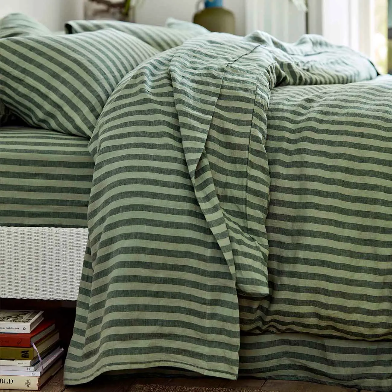 Pine Green Pembroke Stripe 100% Linen Flat Sheet