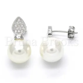 Sterling Silver 02.186.0072 Stud Earring, Teardrop Design, with Ivory Pearl and White Micro Pave, Polished Finish, Rhodium Tone