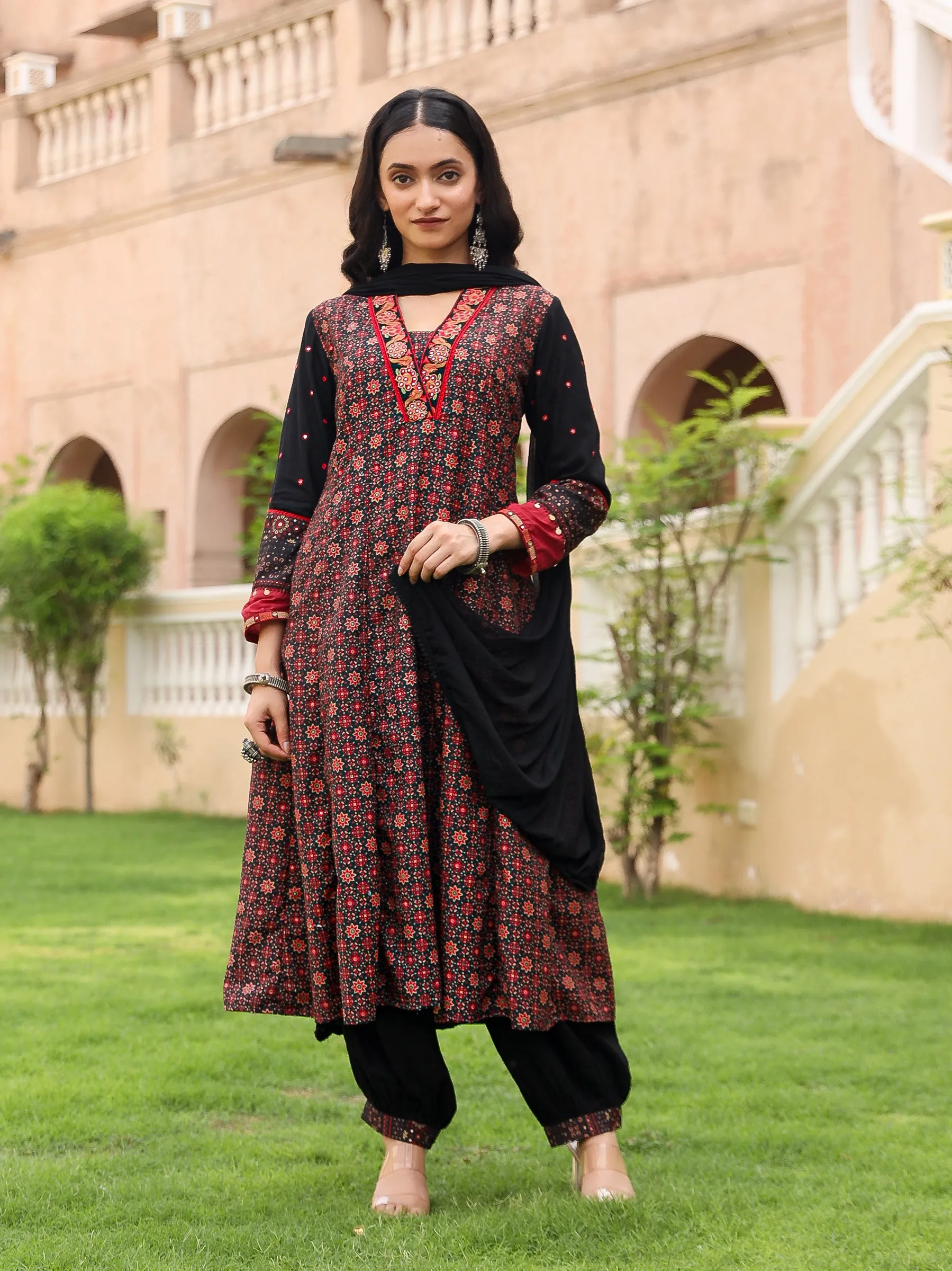 The Mahautsavam Black Ethnic Motif Printed Muslin Kurta Pant And Dupatta With Thread & Mirror Work